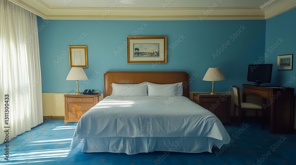 Bright and serene hotel room featuring a large bed, desk, and soft lighting with a calming blue backdrop Bright and serene hotel room featuring a large bed, desk, and soft lighting with a calming blue backdrop