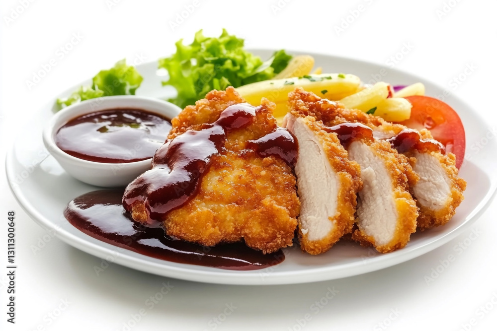 crispy chicken breast with bbq sauce and fries food meal meat tasty plate lunch fried brown crispy chicken breast with bbq sauce and fries food meal meat tasty plate lunch fried brown
