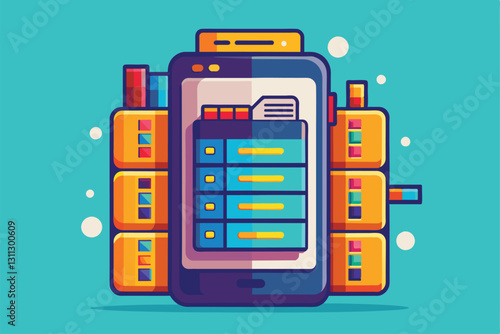 A colorful illustration showing the concept of mobile phone storage management and optimization techniques, Phone storage