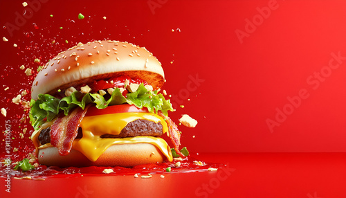 Juicy burger, red background, exploding ingredients