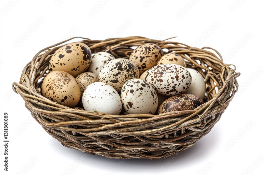 A rustic farm-to-table concept, brown organic eggs carefully arranged in a wicker basket, isolated on white, high-definition details A rustic farm-to-table concept, brown organic eggs carefully arranged in a wicker basket, isolated on white, high-definition details