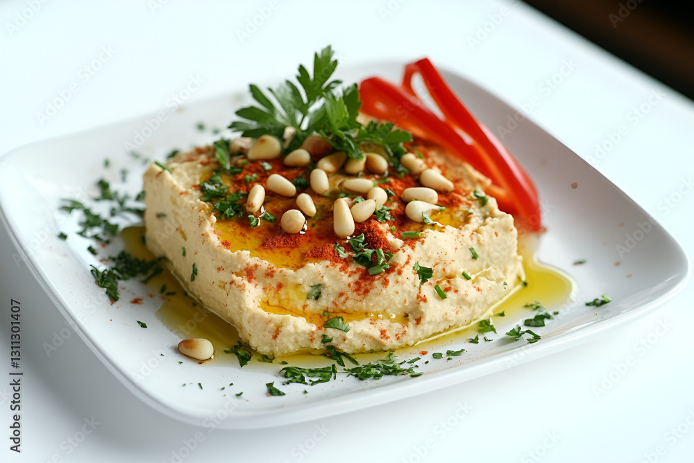 Classic hummus garnished with olive oil pine nuts Classic hummus garnished with olive oil pine nuts