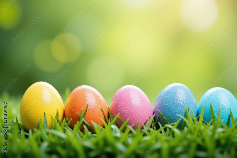 A Colorful Arrangement of Easter Eggs Laid Carefully on Lush Green Grass Amidst a Softly Blurred Background Perfect for Celebrating the Spring Season A Colorful Arrangement of Easter Eggs Laid Carefully on Lush Green Grass Amidst a Softly Blurred Background Perfect for Celebrating the Spring Season