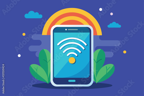 A smartphone shows a Wi-Fi signal surrounded by colorful elements and greens, suggesting connectivity and nature, Phone with wifi