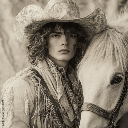 Cowboy poses with a beautiful white horse.