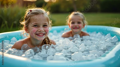 Video of two happy children in an inflatable pool filled with ice cubes, enjoying a refreshing moment outdoors in soft sunlight. Inflatable Ice Bath Concept For Home