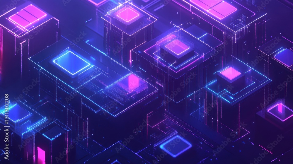 Abstract isometric neon cityscape with glowing lines and digital structures. Abstract isometric neon cityscape with glowing lines and digital structures.