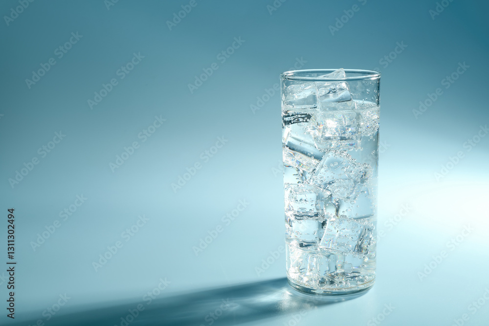 Soda water with ice cubes in glass on light blue background, space for text Soda water with ice cubes in glass on light blue background, space for text