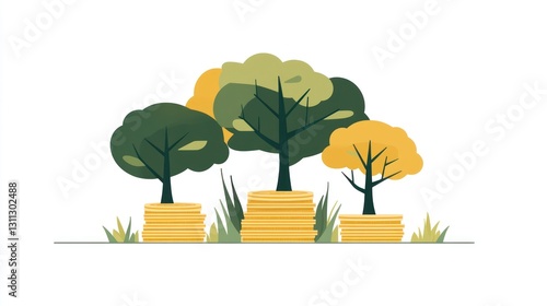 Colorful trees growing on stacks of coins; nature and finance