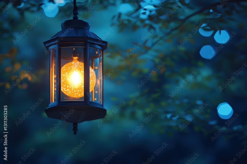 Illuminated Lantern Hanging in a Tranquil Forest During Twilight, Casting Warm Light Among Silhouetted Green Leaves and Soft Blue Background Illuminated Lantern Hanging in a Tranquil Forest During Twilight, Casting Warm Light Among Silhouetted Green Leaves and Soft Blue Background