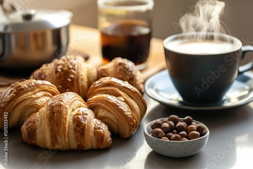 Wallpaper Mural Indulge in a cozy breakfast with hazelnut croissants and coffee on a sunlit kitchen counter. Generative AI Torontodigital.ca