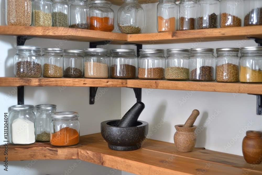 Inviting spice corner filled with jars and tools in a warm kitchen setting perfect for culinary adventures. Generative AI Inviting spice corner filled with jars and tools in a warm kitchen setting perfect for culinary adventures. Generative AI