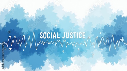 A stock illustration that represents the concept of Social justice in Sky blue and white colors, featuring dynamic brushstrokes and metaphors of Medical cross and heartbeat lines