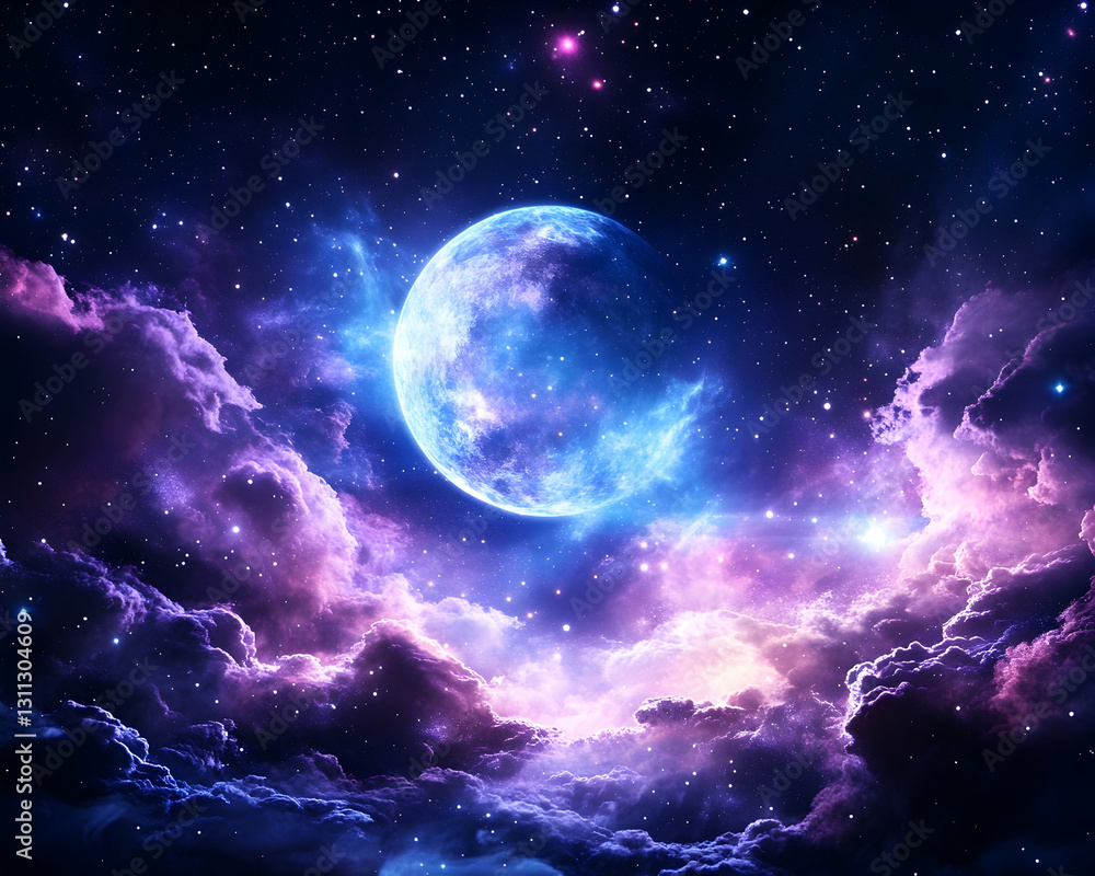 Moon glows amidst nebula clouds in cosmic expanse, shining brightly in space Moon glows amidst nebula clouds in cosmic expanse, shining brightly in space
