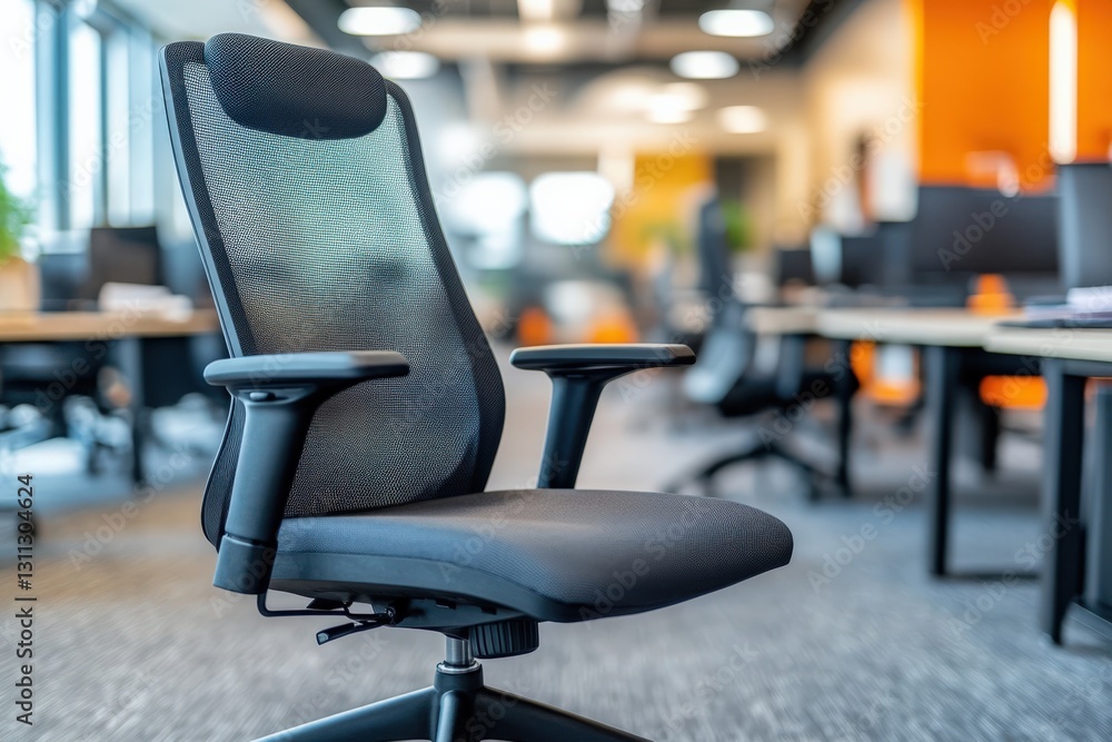Fototapeta premium Modern Ergonomic Office Chair in a Bright, Open Workspace Designed for Comfort and Productivity