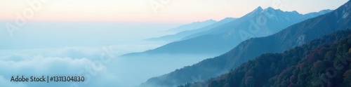 Dense fog clinging to mountain slopes, obscuring details, photography, white, photo