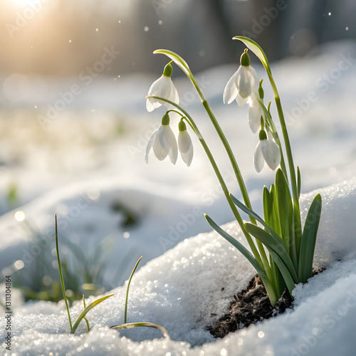 spring snowdrop flowers in snow on transparent background