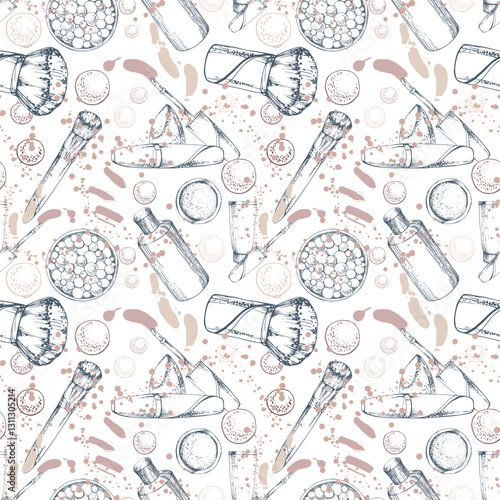 Nude make-up palette powder balls, blush eyeshadow, conical sponge, mist spray bottle. Detailed hand drawn line vector ink sketch, isolated seamless pattern. Beauty parlor illustration, cosmetics shop