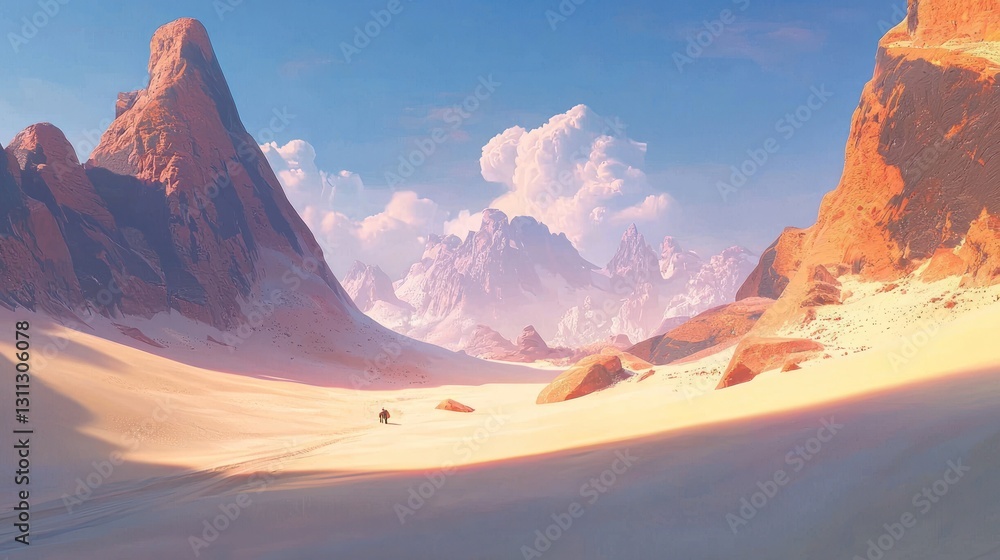 Fototapeta premium Desert landscape with mountains and lone figures under a sunny sky.