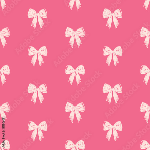 Seamless pattern with hand drawn bows on pink background, elegant decorative design for textile, wrapping paper, romantic gift packaging, vintage feminine aesthetic