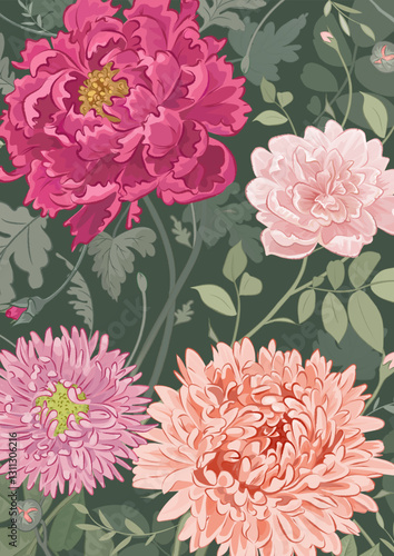 Beautiful floral background with hand drawn peony, chrysanthemum and rose. Realistic retro backdrop with flowers for poster, banner, cover, invitation, greeting card design. Vector illustration