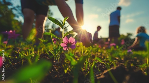 Teachers and students planting flowers in a school garden for World Environment Day, bright greenery and cheerful collaboration