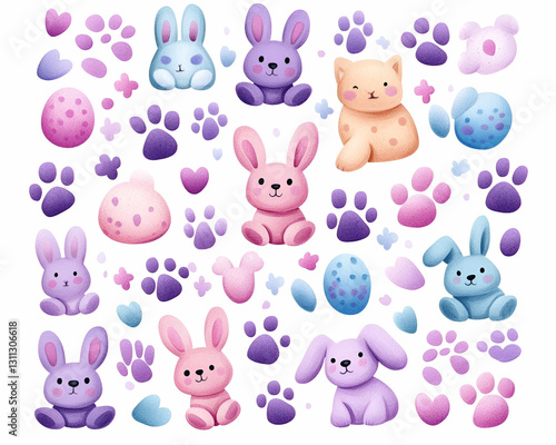 Pastel Bunnies, Kittens, Paws, Eggs on White