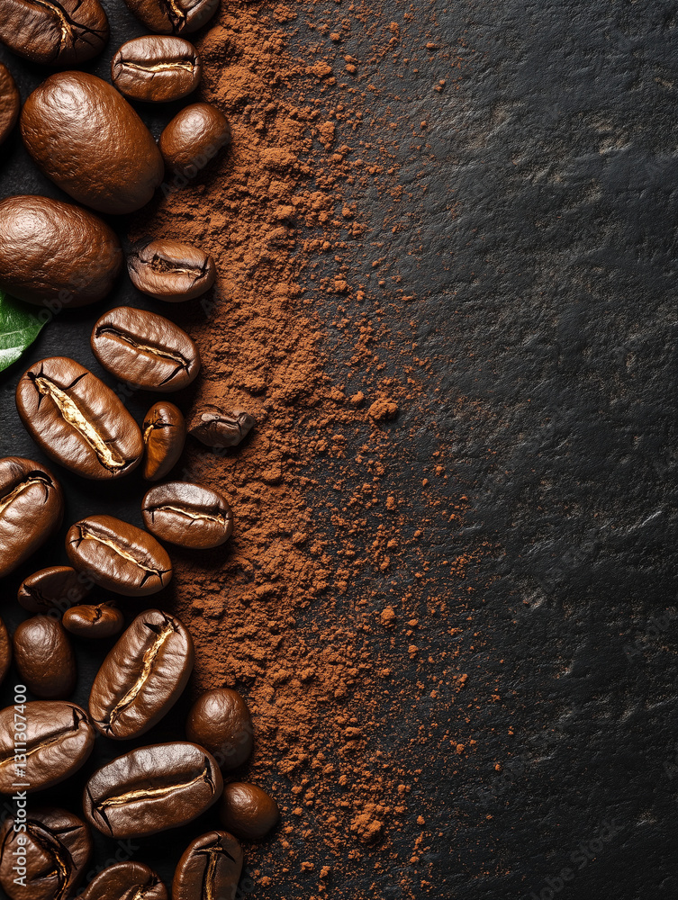 Roasted coffee beans and cocoa powder arranged on a dark stone background, creating a visually appealing border for coffee related themes Roasted coffee beans and cocoa powder arranged on a dark stone background, creating a visually appealing border for coffee related themes
