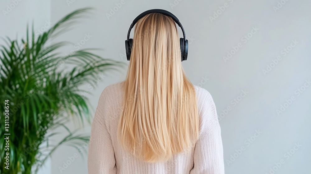 Naklejka premium Blonde Woman Listening Music Headphones Calm Minimalist Background