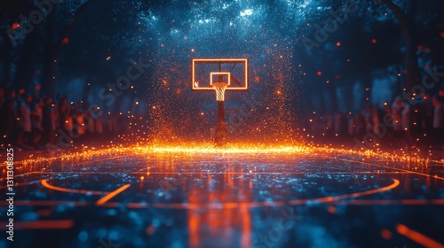Stylized basketball court with glowing hoop and fiery spark trails. Generative AI
