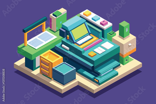 A vibrant isometric illustration showcasing a photocopy machine with office accessories around it, Photocopy Customizable Isometric Illustration