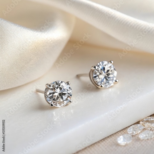 Elegant diamond stud earrings on a satin background with decorative elements