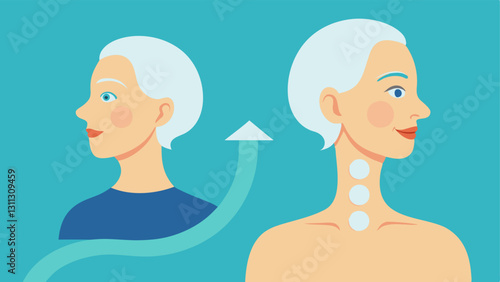 TimeRewind Effect An illustration showing a neck aging over time and reversing with the application of exosome cream symbolizing antiaging effects.