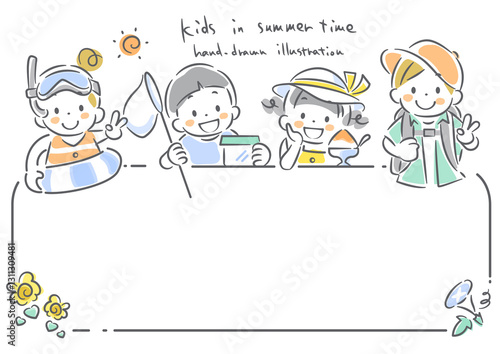 Wallpaper Mural 夏を楽しむこども達　手描き風のかわいい線画イラスト Torontodigital.ca