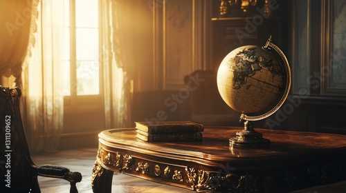 Sunlit antique globe on ornate desk in vintage room.