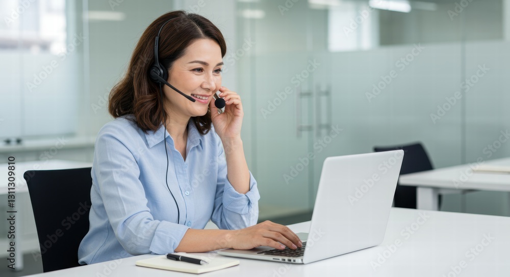 Busy middle aged female support service operator talking to customer sitting at desk. Busy middle aged female support service operator talking to customer sitting at desk.