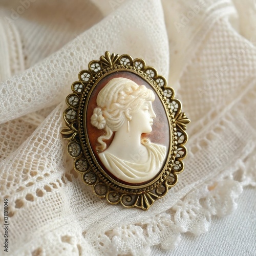 Vintage cameo brooch featuring a classical woman's profile on delicate fabric