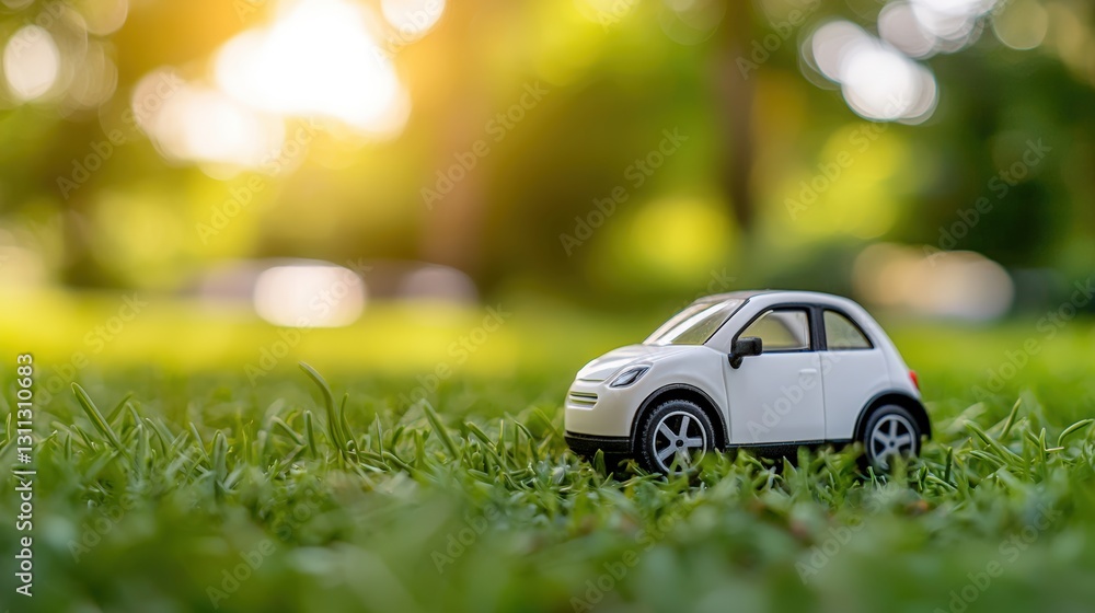 A colorful toy car parked in the grass demonstrating low-carbon transportation solutions for a sustainable future A colorful toy car parked in the grass demonstrating low-carbon transportation solutions for a sustainable future