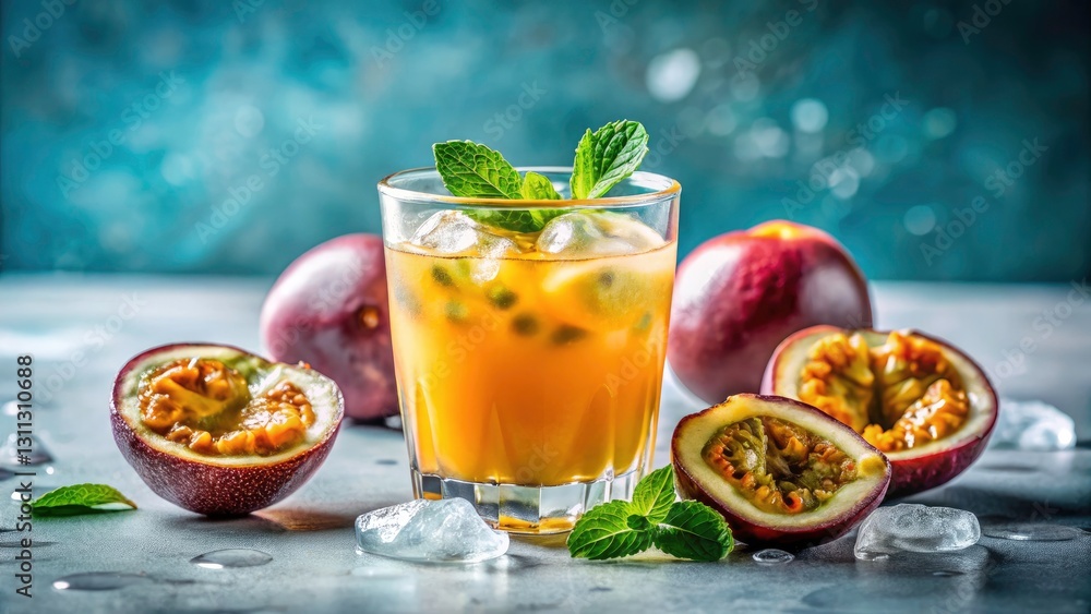 Fototapeta premium Fresh Passion Fruit Juice Photography: Iced Drink, Summer Beverage, Refreshing Mocktail