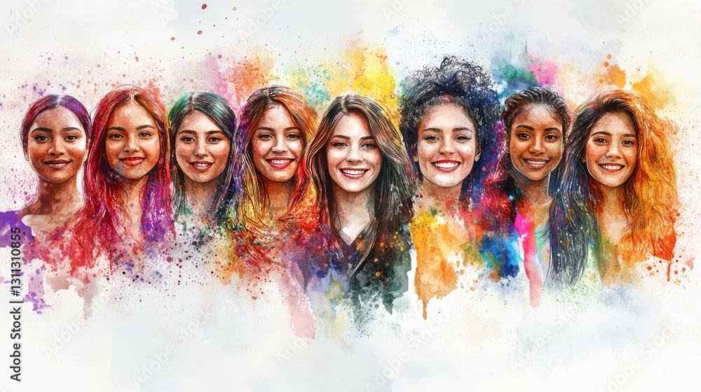 A vibrant portrayal of women from various cultural backgrounds, each smiling brightly A vibrant portrayal of women from various cultural backgrounds, each smiling brightly