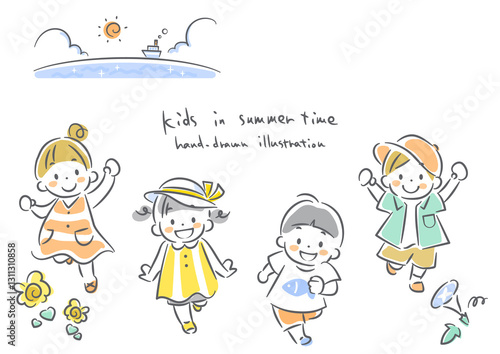 夏を楽しむこども達　手描き風のかわいい線画イラスト