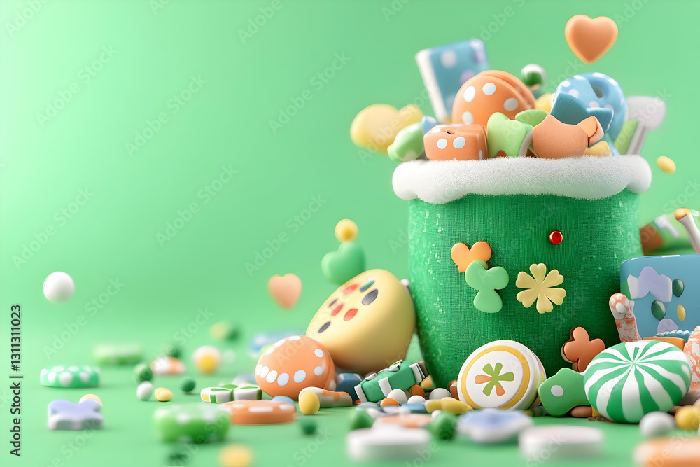 Obraz premium Pot overflowing with sweets against a vibrant green background in a soft studio