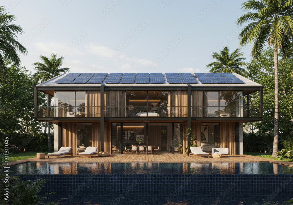 Obraz premium Solar panels on the roof of a modern house, Residential houses with Alternative and Renewable energy concept. Generative AI