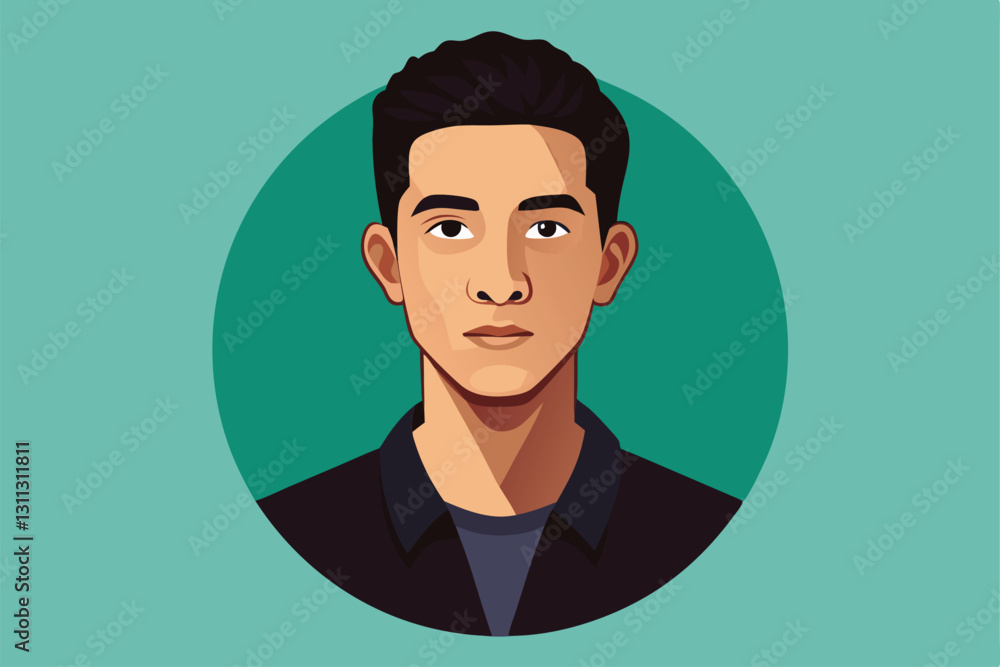 Fototapeta premium A customizable semi flat illustration features a young man with a neutral expression set against a turquoise background, Photo Customizable Semi Flat Illustration