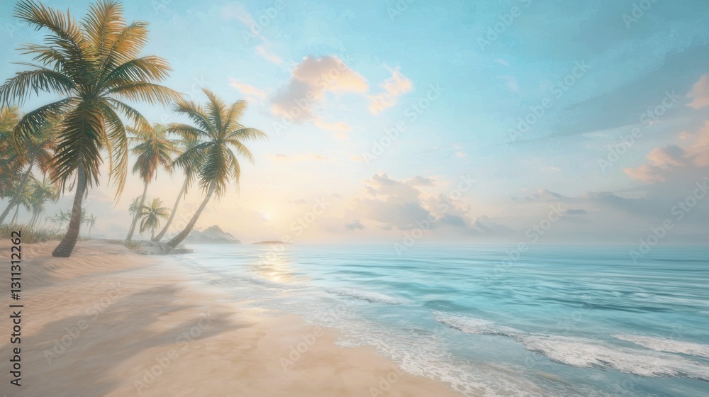 Obraz premium Serene sunrise over tropical beach with palm trees.