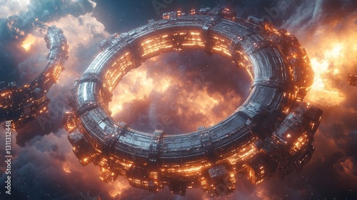 Fototapeta Naklejka Na Ścianę i Meble -  Orbiting space station with fiery plasma explosions and cosmic clouds. Generative AI