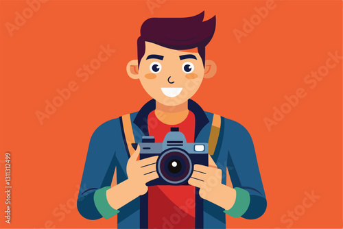 A cheerful young photographer smiles while holding his camera, ready to capture moments, photographer with camera,