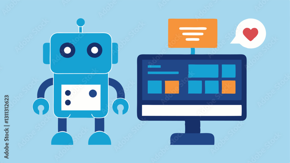 Virtual Shopping Assistant A friendly robot is seen standing next to a computer screen displaying a shopping cart filled with customized product recommendations based on user Virtual Shopping Assistant A friendly robot is seen standing next to a computer screen displaying a shopping cart filled with customized product recommendations based on user