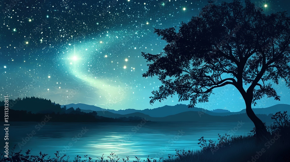 Naklejka premium Fantasy landscape with aurora borealis in the night sky 