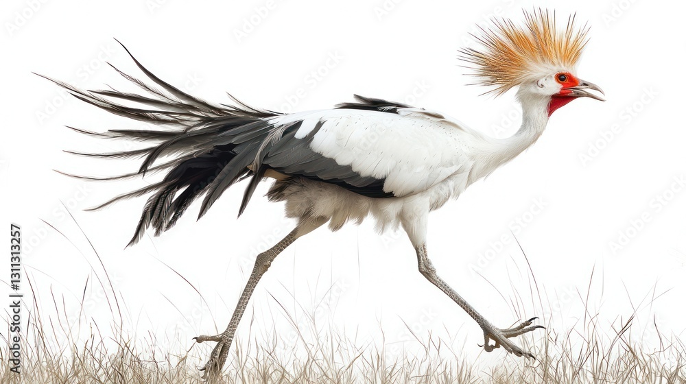 White crowned crane running in grass. White crowned crane running in grass.
